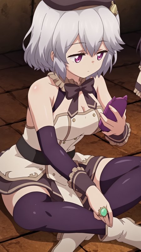 score_9, score_8_up, score_7_up,anime_source, source_anime, best background, detailed background, anime screencap, 4k, upscale,  Erin, Main Outfit, solo, holding, sitting, phone, cellphone, smartphone, holding phone, indian style, looking at phone, purple thighhighs,  <lora:JN_Erin_Pony:0.8>