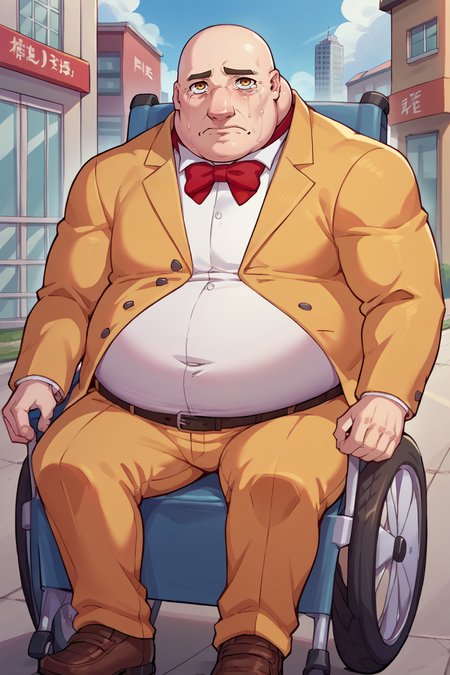 score_9, score_8_up, score_7_up, score_6_up, source_anime, BREAK male focus, solo <lora:p5kobayakawa-pdxl-nvwls-v1-000005:1> p5principal, fat man, obese, bald, yellow jacket, formal, white shirt, red bow tie, belt, yellow pants,  <lora:Wheelchair_XLPD:1> wheelchair, sitting, crying, sad, city