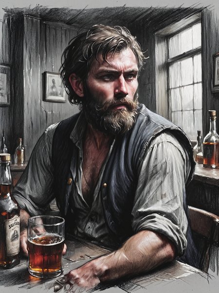 a portrait of a seaman with a rugged, thick beard, capturing a slightly befuddled expression, he is sitting at the table next to him there is a bottle of whiskey, focus is on his facial expressions and the subtle details like the texture of his beard and the glint in his eyes, cozy, slate gray atmosphere, soft cinematic light,   <lora:Renaissance_Drawing:0.8>