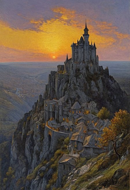 style of Ted Nasmith, score_9, score_8_up, score_8_up, ng_deepnegative_v1_75t, photo, realistic, 
Oil painting, by Jean-Franois Millet, by Gustave Courbet, by Jules Breton, traditional media, oil painting, famous artwork by (karl kopinski:1.2), fantasy style,
oil panting, godrays, cinematic lighting,  dark fantasy, (dusk) a medieval city, town, walls fortified, scenery, blue hour, forest near a town, muted colors, castle, sunset, twilight, DnD_Grainyboyz, grainy old school rpg,
<lora:add-detail-xl:2>,
, masterpiece, PYS-XL,