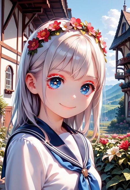 score_9, score_8_up, score_7_up, 1girl, MdaStarouP, masterpiece, best quality, ultra high res, smiling, happy, (detailed eyes:1.2), 8K, Best Quality, Masterpiece, Ultra High Resolution, (Realism: 1.4), Original Photo, (Realistic Skin Texture: 1.3), (Film Grain: 1.3), Sapphire Color Eyes and Beautiful Face Details, Highest Quality Picture Quality, white hair, blue eyes, (red eyeliner), (white eyeshadow), (white eyelashes) ,set in a fantasy world with sparkling stars, fantasy flower crown on her head, school uniform,messy, indoors, clutter, very aesthetic, scenery, outside, house, garden