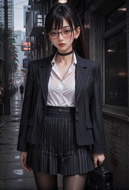 ,ruanyi0860,,ruanyi0856,striped jacket,choker,black pantyhose,striped skirt,glasses,black skirt,pinstripe pattern,<lora:0860 late night alley_v1_pony:0.8>,<lora:0856 OL professional suit skirt 1_v1_pony:0.7>, score_9,score_8_up,score_7_up,,8k,1girl,solo,,