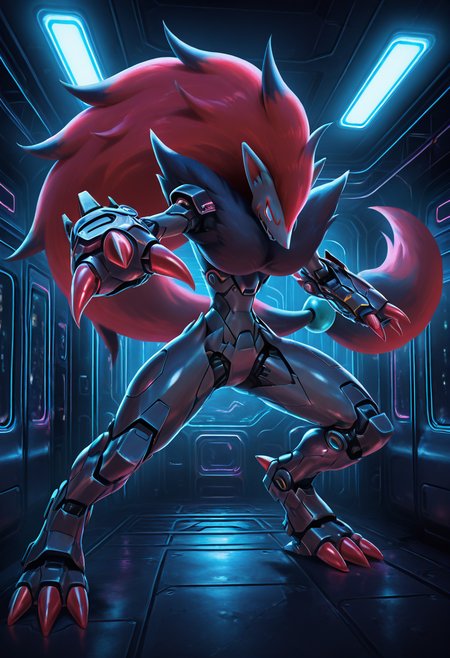 masterpiece, best quality, no humans,    <lora:ZoroarkPokedex_IXL_v1:0.8>,   zzZoroark, 1girl, solo, neon-highlighted bob, gravity-defying braid, armored exosuit, plasma claw gauntlets, kinetic boots,  derelict starship interior, blue emergency lights. claws aimed at the approaching shape. D1sc0Pnk, mecha, <lora:DiscoPunk_IXL:0.6>,  (foreshortening, incoming attack, big claw),