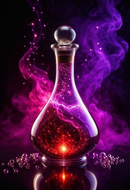 Score_9, Score_8_up, Score_7_up, Score_6_up, Score_5_up, Score_4_up, high_def, highest quality, 4k, best quality, masterpiece, no humans, object focus, focused, defined, (Photorealistic magic potion:1.3), intricate glass bottle, elixir, crimson colors, purple hues, bubbling, ethereal light, flashy lights, magic lights, luminous, dynamic reflections, magical aura, highly detailed, fantasy essence, glowing particles, radiant aura, aether