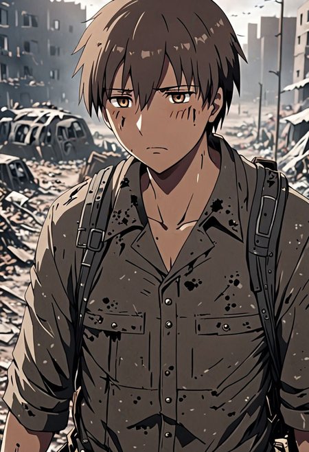 high resolution, solo, best quality, 1Boy, Takaki Toono, Brownish Hair, Brown Eyes, shallow depth of field, Post-Apocalyptic, survival, OverallDetail