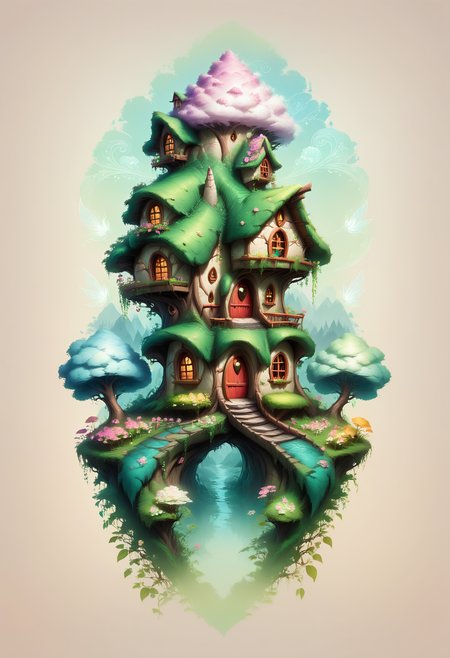 Faded Headshot, faded bottom, faded edges  <lora:FadedHeadshot:1>, score_9, score_8_up, score_7_up, score_6_up, score_5_up, score_4_up, Fairy cottage house, whimsical dwelling, fantasy landscape, fairytale architecture, towering mushroom caps, intricate details, lush spring scenery, vibrant green foliage, blooming flowers, pink and white blossoms, blue sky, gentle river stream, fluffy clouds, golden sunlight, bright and airy color tones, fairy-tale illustration, magical atmosphere