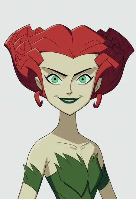 score_9, score_8_up, score_7_up, BREAK,
1girl, poisonivy, red hair, green eyes, lipstick,
strapless dress, pale green skin, bare shoulders,
upper body, evil smile,
looking at viewer, solo, looking at viewer, simple background, white background  <lora:PoisonIvyPDXL_byKonan:1>