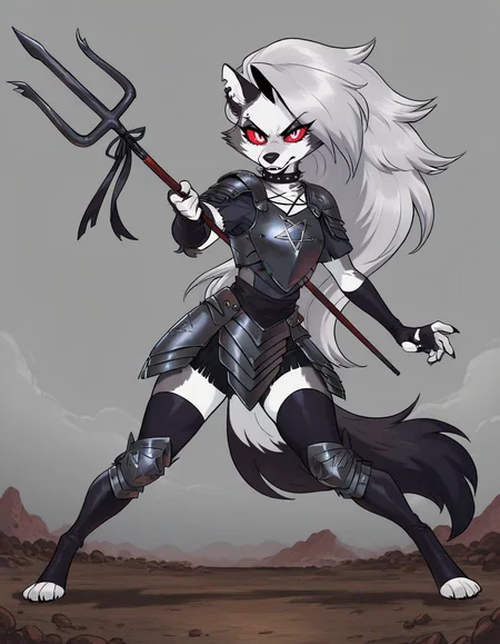 (masterpiece, best quality, ultra-detailed, absurdres, newest, detailed textures, correct anatomy:1), 1girl, <lora:Fleetway-Elson:0.25>, fleetway-elson, <lora:TSMPK-IL:0.25>, tsmpk style, <lora:n0riuma_style:0.25>, n0riuma_illu, <lora:p1ge0n666:0.25>, p1ge0n666_illu, <lora:LoonaIllustriousV1:1>, LoonaIllustriousV1Hellhound, furry female, white fur, goth, goth girl, colored sclera, red sclera, white pupil, animal ears, red eyes, piercing, collar, infernal armor, medieval, hellscape, occult, pentagram on breastplate, trident, <lora:Dynamic-Polearm-Pose-IL:1>, holding weapon, holding polearm, dpdv1.0, dynamic pose,  detailed_hands, elegant_fingers