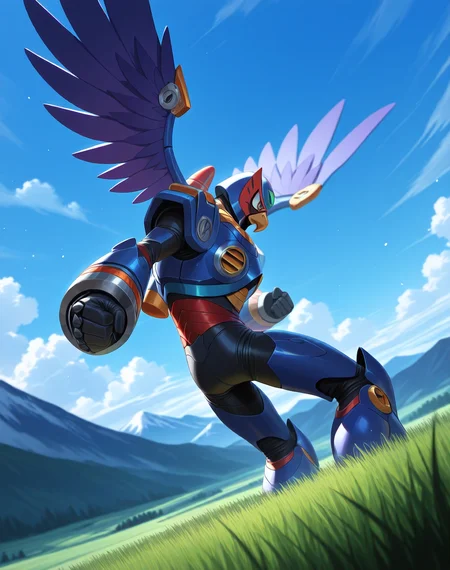 <lora:Storm_Eagle_(Mega_Man_X)_(Illustrious)_(AD):1> Storm Eagle, reploid, MMX, 
((
exterior, blue sky with clouds, mountain valley, grassy valley, 
dutch angle, dynamic action, cowboy shot, perfect depth of field shot, 
):1.5), 
male focus, intense shadows, dynamic shadows, intricate details, attention to details, gradient coloring, robot, beak, bright vivid colors, deep metallic colors, glossy metal body, wings, fighting stance, 
BREAK very awa, masterpiece, best quality, amazing quality, very aesthetic, highres, absurdres, photographic realism, 8K CGI render, 
EZRealPONYXL, zPDXL, Smooth Quality, lazynsfw,