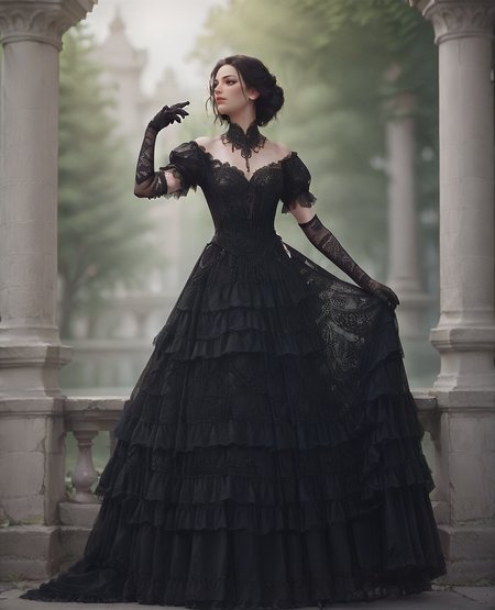 score_9. score_8_up, score_7_up, score_6_up, score_5_up, score_4_up, 1girl, c0r0n4t10n, dress, black gloves, elbow gloves, black dress, lace,  <lora:c0r0n4t10nXLP:0.7>