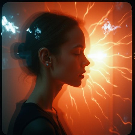 An abstract pattern of film burns and dynamic light streaks creates a vivid backdrop, shrouding a vaguely distinguishable, blurry photo of a face. The face is partially obscured by the chaotic interplay of intense film burns and radiant light patterns, which merge and swirl in an intricate, ethereal composition. The image features a high level of abstraction with distorted light and shadow, giving only the faintest hints of facial features through the heavy blur. Grainy, grain, film grain, candid, high contrast, film burn, analog texture, partial silhouette, Chiaroscuro, off-centered, asymmetrical, highlight bloom, filmic glow, blown-out highlights, moody, herbstphoto, herbst photo.   <lora:Herbst_Photo_35mm v2:2.0> <lora:flux_realism_lora:1.0><lora:785049833636591551:0>