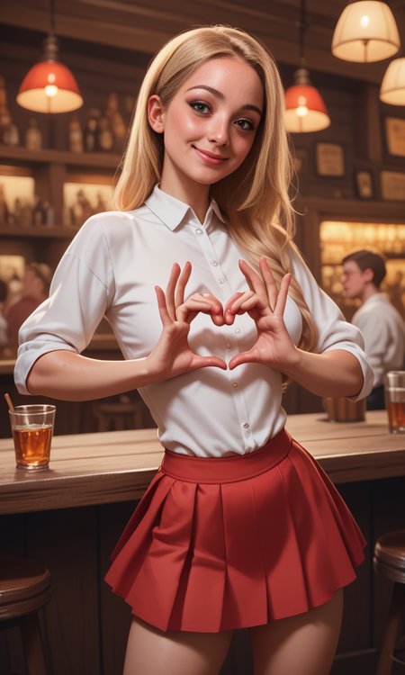 score_9, score_8_up, score_7_up, score_6_up, score_5_up, score_4_up,  slim girl in a pub  ,  fiheartcl,  making heart with hands, red short skirt and white blouse   , blond long straight hair    <lora:FingerHeartPony:.8>