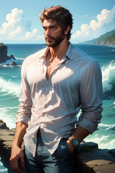 score_9, score_8_up, score_7_up, score_6_up
<lora:TLOUJoel:1.0>
TLOUJoel, 1boy, brown hair, beard, looking at viewer, standing on a cliff overlooking the ocean, wearing a flowing white linen shirt, wind blowing dramatically, powerful waves below, ethereal and majestic