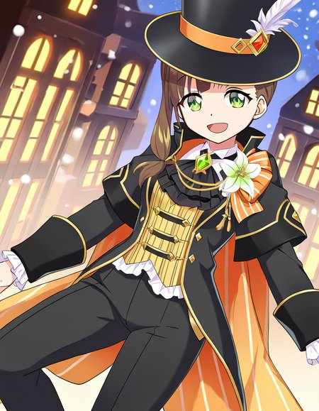 masterpiece, best quality, newest, absurdres, highres, safe, 1girl, awane kokoro \(bride ver.\), magia record: mahou shoujo madoka magica gaiden, black top hat, black sleeves, black pants, solo, open mouth, snowing, outdoors, dutch angle, <lora:awane_kokoro_noobaiXLNAIXL_vPred10Version:0.7>