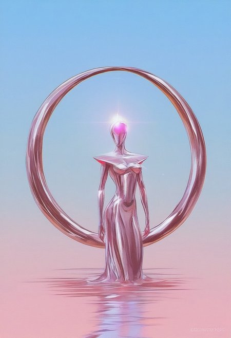 In this hyper-detailed Chromecore art piece, a vibrant scene captures a woman kneeling in a seated position on a flawlessly reflective mirror floor. She wears the iconic Sailor Moon outfit, the bright, saturated colors of the uniform contrasting vividly against her body, which is covered in a metal skin texture featuring an iridescent, glossy sheen from the neck down. Her skin exhibits a gradient of vibrant hues, showcasing a colorful array that shines brilliantly against a simple dark and blue background, amplifying her presence with bright, vibrant colors.
Her posture is calm and composed, her head tilted backward in a graceful arch, eyes gently closed as if in a deep meditative state, exuding a serious expression that emphasizes a sense of peace and serenity. The minimalist surroundings enhance the impact of her chromatic figure, with dark pillars rising like monoliths, framing the scene and contributing to the dark vibes and dark fantasy atmosphere.
These towering structures add a serious tone, contrasting with her expressionless but colorful form. The mirror-like floor reflects every detail of the scene, including the luminous quality of her chromatic skin and the intricate folds of her outfit, amplifying the ethereal beauty of the moment. This visual harmony between the luminous figure and the minimalist, shadowy environment merges the dreamy aesthetic with stark contrasts, embodying the essence of Chromecore. animaport