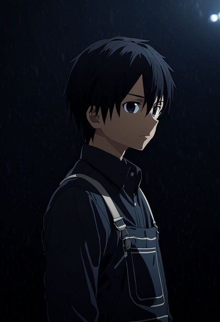 high resolution, professional photography, best quality, 1Boy, Kirigaya Kazuto, Black Hair, Black Eyes, overalldetail, cool, Mysterious black background, Movie lighting, a sense of atmosphere