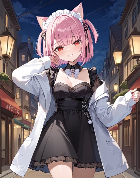 mikeneko, mikeneko_neko_short, pink hair, short hair, red eyes, virtual youtuber,  two side up, cat ears,  long sleeves, mikeshort clothes, detached collar, black dress, white coat, open coat, maid headdress  BREAK outdoors,city street, night BREAK sexy pose, looking at viewer, sexy face, sexy smile, cowboy shot, dynamic pose, BREAK score_9, score_8_up, score_7_up, source_anime ,zPDXL, perfect hand,<lora:Mikeneko:0.8>