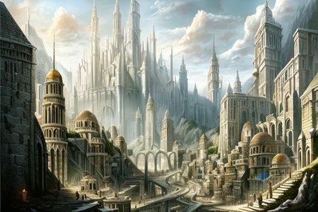 (masterpiece:1.2), (best quality,:1.2), 8k, HDR, ultra detailed, ((photorealistic)), professional light, cinematic lighting, fashion photography, ambient lighting, atmospheric effects, DarkFantasy, Numenor, a street with stairs in a big medieval fantasy city on a mountain, high towers, high walls, <lora:Numenor-10:1>, in the style of Middle Earth, Tolkien, Minas Tirith, epiCPhoto