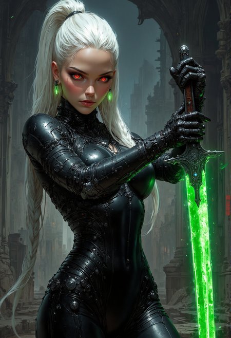 cybernetic style fantasy style, , 1girl, young, high braided  ponytail , platinum hair,  grim dark futuristic assassin, seductive, black skin tight bodysuit, slim  body, small waist, gloves, leather elbow gloves, jewelry ,(solo), pale skin, curvy body, freckles, athletic body, , , slim waist,, untouched beauty, clear, lively, detailed face, upper body accent, dark makeup, goddess,, seductive look,gothic  Victorian influence
dynamic action pose
she is swinging a sword at the viewer  with a green blade
her eyes are augmented and cybernetic glowing red eyes that pierce through the darkness
background of a darkened futuristic  palace
<lora:CPA:0.6>low-key lighting, atmospheric haze, underexposed, cinematic darkness, deep shadows . futuristic, technological, cybernetic enhancements, <lora:artisketchyfs-v02:0.5> <lora:FluxMythV2:0.7>