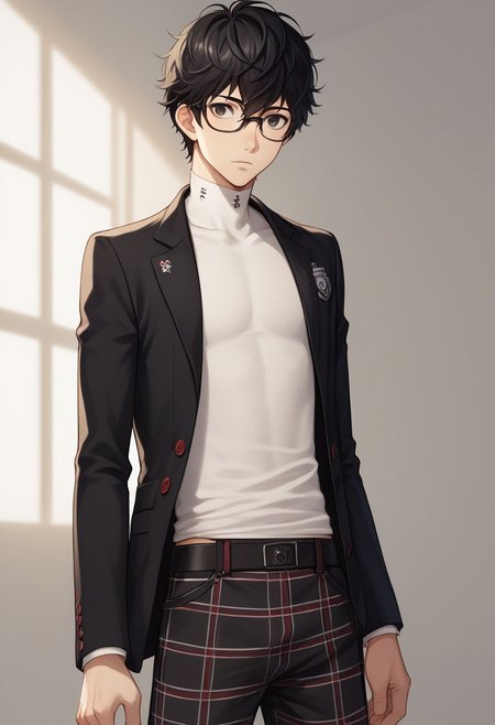 score_9, score_8_up, source_anime, highly detailed, 1boy, solo, male_focus, slender, skinny, 
ren, male focus, shuujin academy school uniform, 1boy, school uniform, black hair, solo, eyewear, plaid pants, glasses, pants, jacket, upper body,
indoor,