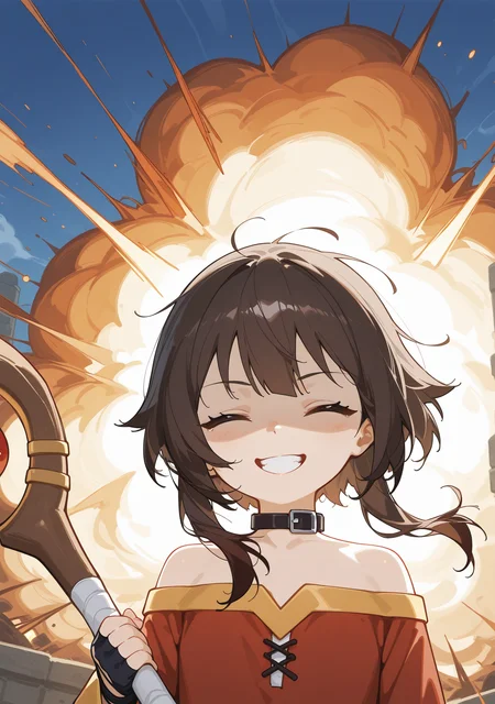masterpiece,best quality,amazing quality,
<lora:7knysty2:1>,7knysty,
1girl,solo,megumin,teeth,smile,outdoors,holding staff,explosion,close-up,closed eyes,shaded face,