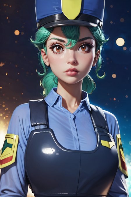 score_9, score_8_up, score_8, medium breasts, (curvy), cute, eyelashes,       ,,, ,  zzJenny, brown eyes, hair between eyes, green hair, long hair, ponytail, short hair, police uniform, policewoman, shirt, police hat, blue shirt, collared shirt, black pants,  <lora:JennySunMoonPDXL:1>, , BREAK,  (ultra realistic,32k, masterpiece:1.2),(high detailed skin:1.1),( high quality:1.1), head tilt, lips, closed mouth, shiny clothes, (upper body), looking at viewer, bokeh, luminescent background, ,,, embedding:zPDXL, Expressiveh, ,,, <lora:RlAnmPDXL:1.0>,