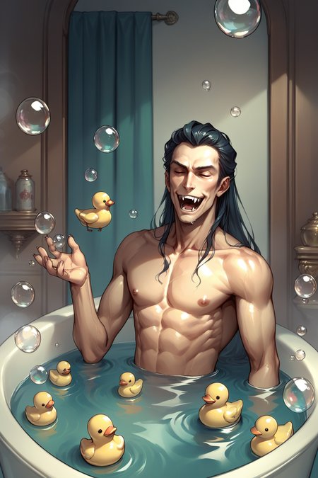 source_anime, score_9, score_8_up, solo, male focus, <lora:clamStrahdPDXL_v12:1> Strahd, vampire, long hair, bath, bubbles, rubber duck, laughing, naked