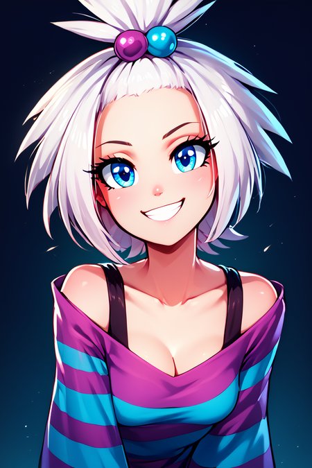 score_9, score_8_up, score_8, medium breasts, (curvy), cute, eyelashes,       BREAK, , zzRoxie, blue eyes, white hair, hair bobbles, topknot, striped dress, <lora:Roxie_Pokemon_PDXL_Citron:0.8>, , BREAK, looking at viewer,  smile, upper body, leaning forward, head tilt,  embedding:zPDXL, Expressiveh, <lora:theButcherXPDXL:1.0>, <lora:CatalystStylePDXL:0.6>,  <lora:SDXLFaeTastic2400:0.5>,  <lora:Expressive_H-000001:0.4>,