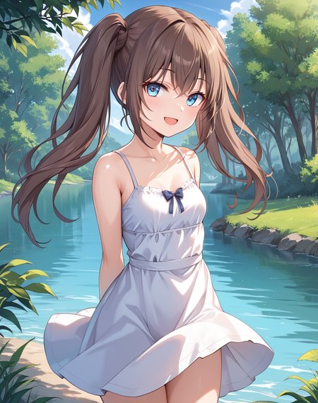 lu_xiaoyu, brown hair, long hair, blue eyes, twintails, sundress, small breasts, petite  BREAK outdoors,park, trees, lake  BREAK looking at viewer, sexy face, sexy smile, open mouth, cowboy shot, arms behind back BREAK score_9, score_8_up, score_7_up, source_anime ,zPDXL, <lora:Lu_Xiaoyu:0.8>, solo