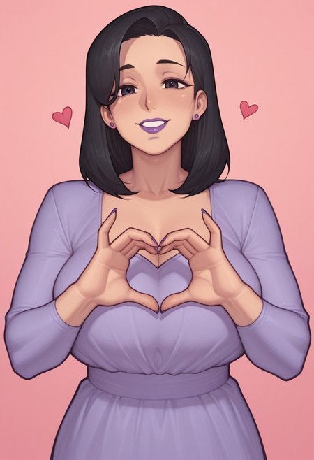 asura, 1girl, solo, medium build, medium hair, sfw, safe for work, covered skin, flowy dress,  black eyes, purple lipgloss, smiling, portrait, upper body, heart hands, mature female, foreshortening, detailed, newest,