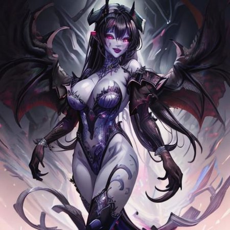 8k HD hyper realistic: masterpiece, best quality, high-res, hyper realistic, al1, demon, black and purple demon horns, round face, eyes with slit pupils, white gloves, all white dress high slit , bare shoulders, detached collar, cleavage, black feathered wings with royal blue spots, low wings mid back, , cowboy shot, standing, smile, dungeon, evil smile," full body shout"  "dragon mating with demon" doggy style