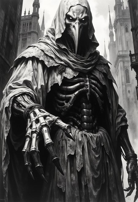A realistic, black and white photograph of a mechanical creature.
The creature in the image appears to be a towering, sinister figure with a skeletal and mechanical appearance. It has an elongated, bird-like face reminiscent of a plague doctor’s mask, complete with hollow, haunting eyes. Its body is draped in a tattered, hooded cloak with sharp, jagged edges, giving it a ghostly, nightmarish presence.
The creature's limbs are long and clawed, with one hand reaching menacingly forward, featuring elongated, bony fingers tipped with razor-sharp talons. The patchwork nature of its body suggests a fusion of organic and mechanical elements, with exposed stitches, bolts, and metal plating reinforcing its eerie, stitched-together design.
Its posture and stance suggest an overwhelming, almost spectral menace, looming over the viewer. The dark, gothic cityscape in the background further enhances the horror-fantasy atmosphere of the scene.