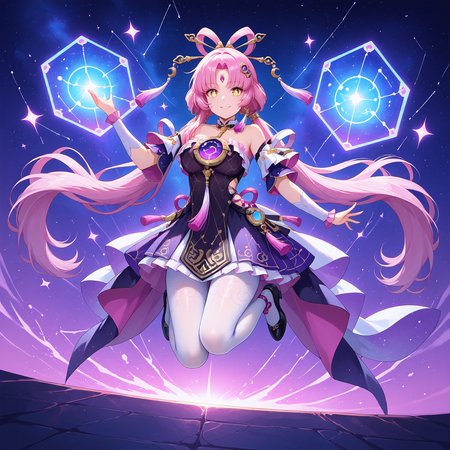 (masterpiece, best quality,perfect face:1.4),highres,illustration,8k,(looking at viewer, collarbone),(hyper-detailed,digital painting,trending on ArtStation,shiny_eyes,sparkling_eyes, smile, jumping:1.2),
(Cyber-fantasy masterpiece 8K:1.4),[astral mage manipulating quantum strings],fractalized stardust forming rail-track patterns,(pulsing neon-blue probability waves:1.5),(entangled photon streams creating holographic matrix:1.3),(quantum tunnel warping spacetime geometry:1.4),(floating Dirac equations glowing cyan:1.1),(nebula particles condensing into crystal shards:1.3),(Schrödinger's cat hologram flickering:1.1),(multilayer refraction through prismatic energy fields:1.4),(background of collapsing star clusters:1.1),cybernetic cel shading with (neon noir lighting:1.3),(temporal displacement trails:1.1),
Fuxuan,1girl,forehead jewel,white pantyhose,solo,pantyhose,pink hair,long hair,twintails,bare shoulders,hair ornament,low twintails,black footwear,detached sleeves,parted bangs,tassel,yellow eyes,dress,hair stick,bow-shaped hair,constellation print,very long hair,black dress,hair rings,tassel hair ornament,jewelry,
cleavage,large breasts,bouncing breasts,outdoors,<lora:aidmaImageUpgrader-v0.3-IL:0.6>,<lora:Fuxuan(IL):0.85>,