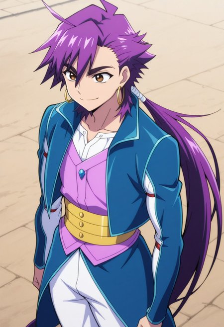 masterpiece,best quality,amazing quality, source_anime, 
Shindobaddo, 1boy, male focus, solo, brown eyes, purple hair, long hair, ponytail, hoop earrings, shirt, white shirt, jacket, blue jacket, open jacket, vest, purple vest, pants, white pants, outdoor, smile,