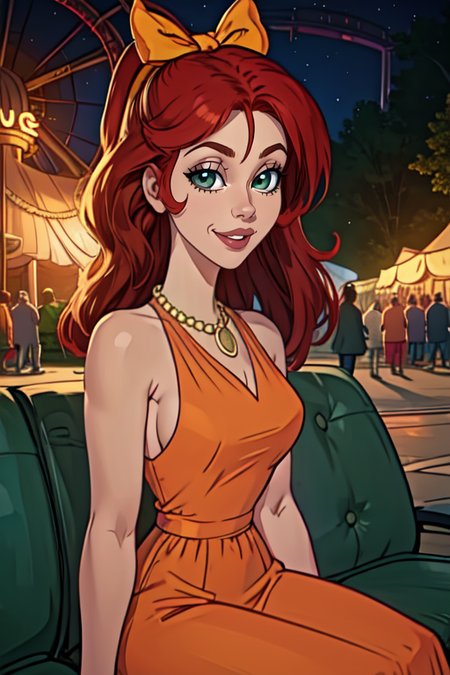 CousinBleh,green eyes, red hair, orange dress, gold necklace, hair bow,  sleeveless,   
amusement park, night, solo, cowboy shot, smile, upper body, sitting, 
(insanely detailed, beautiful detailed face, masterpiece, best quality) 
 <lora:CousinBleh-10v5:0.8>