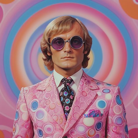 <lora:60sPsychedelicMovie2SDXL:1> ArsMovieStill, movie still from a 60s psychedelic movie, The image is a portrait of a man standing in front of a colorful background with a circular design. The man is wearing a pink suit with a pattern of circles and swirls in shades of pink orange and blue. He has blonde hair and is wearing sunglasses. He is also wearing a black suit with white shirt and a patterned tie. The background has a blue and pink gradient with a large circular design in the center. The overall mood of the image is playful and whimsical., 1boy, solo, male focus, necktie, circle, shirt, formal, suit, collared shirt, sunglasses