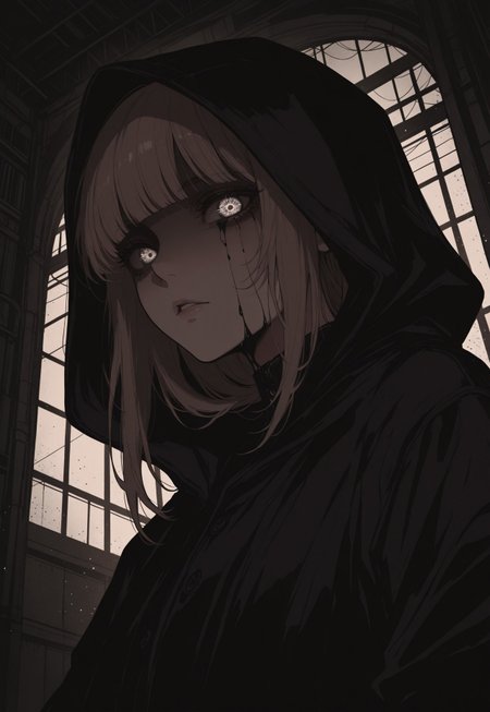 solo, ethereal, ultra-detailed, cinematic lighting, halfturned, particles, mesmerizing, portrait, (from below:0.7), 

industrial  background, dark, 
horror, 

black aura, black liquid, 
(no eyes:1.2), (shadowed face:1.1), anguished, 
from side, turned to viewer,  silver eye pupil, 

1girl,  short brown hair, bangs,  black coat with hood on, (dark blue jeans, brown shoes:0.3),


masterpiece,best quality,amazing quality, detailed, 
