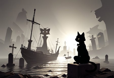 (masterpiece), (score_9, score_8_up, score_7_up,source_anime), 4K8K,
cat, focus. punk, 
(scope view, far view), (silhouette cat, black and white cat, tuxedo cat, solo), (solo:1.3), (sitting), scenery, 
(leather culottes),  (backlighting, silhouette:1.3), 
outdoors, (Viking Ship, graveyard, A battered ship that ran aground), 
<lora:harada_miyuki_style:1>
<lora:backlighting-000001:1>