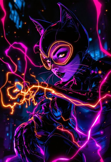 Amaro, neon glowing line drawing, catwoman in Tim Burton style, Medium shot, dynamic pose, Instagram, Neogothic Art, fantastic aesthetic, vibrant, beautiful elegant, ambient, cinematic atmosphere, intricate detail, dynamic cinematic color, intense, imposing background
