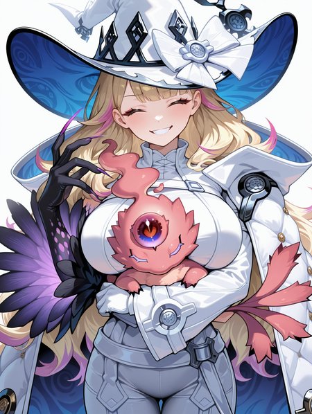 diabellze the original sinkeeper,1girl,1other,snake eyes poplar,smile,looking at viewer,large breasts,white coat,white witch hat,single purple elbow glove,white bodysuit,holding creature,closed eyes,creature,solo,very long fingernails,evil grin,white background,simple background,cowboy shot,
masterpiece,best quality,amazing quality,very aesthetic,absurdres,newest,<lora:diabellstar the black witch and original sinkeeper illuXL v1.2:0.8>,