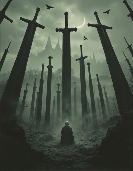 a lone, hooded figure meditating amidst a field of fallen giant swords. The figure is shrouded in shadow, with only a faint outline visible. crows circle overhead, casting long shadows on the ground. The background is a misty, desolate landscape with a ruined castle in the distance. The overall style is dark, atmospheric, and mysterious, with a focus on the figure's isolation and the haunting atmosphere of the scene. The composition should be centered around the figure, with the swords and landscape providing a dramatic backdrop. Use a muted color palette, with shades of gray, green, and brown dominating the image, <lora:aidmaMJ6.1_v0.3:0.6>, <lora:flux.1_lora_flyway_Epic-detail_v2:0.6>, <lora:- Flux1 - soothing_atmo_V2.0:0.3>