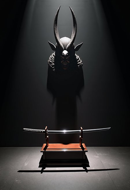 Chiaroscuro Lighting Style, LowKeyLights_v2, In the center of a dark, expansive exhibition hall, a finely crafted katana rests on an elegant wooden stand. The polished blade glints subtly in the low light, showcasing its exquisite craftsmanshipâthe ornate hilt and perfect edge reflecting quiet power and precision. Behind the katana, looming in the shadows, is the faint, intimidating silhouette of a massive shogun mask in void, covered in shadows. The mask's menacing grin and sharp horns are barely visible, casting a heavy, foreboding presence over the display. The mask casts a long, dark shadow on the floor, stretching ominously toward the katana, as if the spirit within the mask reaches out, connecting with the weapon. The contrast between the beauty of the katana and the eerie, watchful presence of the Hannya mask creates a haunting atmosphere, blending elegance with hidden menace <lora:low-key_lights_v2:0.5> <lora:Chiaroscuro Lighting Style v1:1>