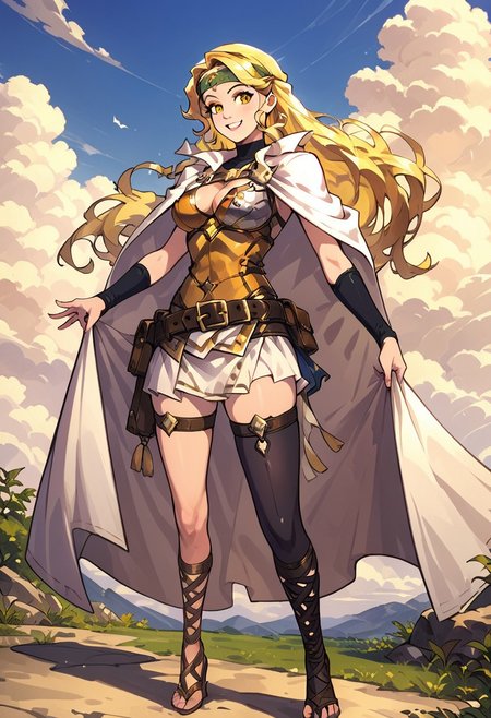 score_9, score_8_up, score_7_up,high quality,masterclass,brigid,1girl, blonde hair,long hair, solo ,belt, white cape, skirt, breasts, yellow_eyes, thighhighs,sandals, cape, gladiator sandals,leather armor, outside, training ground, sky, smile,headband