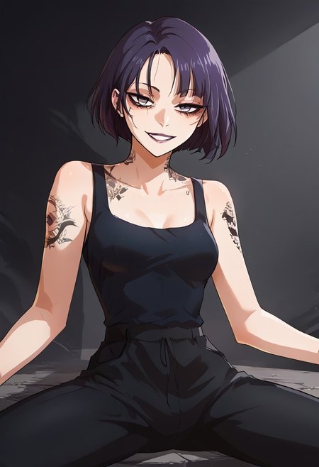 score_9, score_8_up, score_7_up, Expressiveh, source_anime, masterpiece, score_9, score_8_up, score_7_up 1girl, solo, mayabl2, tattoo, makeup, lipstick, half closed eyes, looking at the viewer, (cowboy shot:1.3), (asian, japanese idol:1.3), very short hair, yakuza tattoo, irezumi, (black undersized tank top:1.3), (black oversized pants:1.3), visible ombligo, thin waist,perfect eyes, symetric eyes, half closed eyes, dark bags under eyes, bags under eyes, slim, slender, ripped body, symetric eyes, looking at the viewer, (very short hair:1.3), morena, sitting, spread legs, evil smile, pretty face, perfect face, (black skin:1.1)