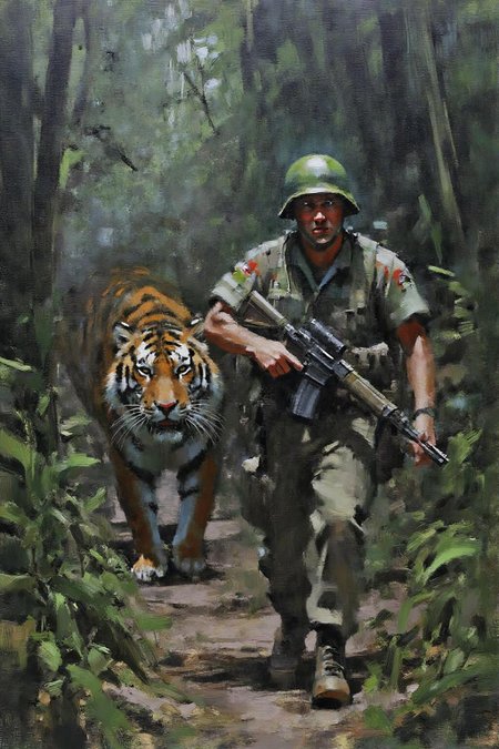 marklague1 painting.
Create a tense jungle scene set in Vietnam, featuring a dense, lush environment with thick foliage, tall trees, and tropical plants. We see the close up face of an American Marine, showing fear in his face, is cautiously walking towards the viewer, holding a rifle in a ready position. He is dressed in camouflage fatigues and a helmet, blending into the surroundings. Unbeknownst to him, a distance away, a stealthy tiger is following closely behind, partially obscured by the foliage. The tiger's eyes are fixed on the soldier, adding a sense of impending danger to the scene. The overall atmosphere should be one of suspense, with the jungle's dense greenery and shadows heightening the tension. <lora:marklague1_cap_d8a4e12:1.0><lora:855138463253569468:0>