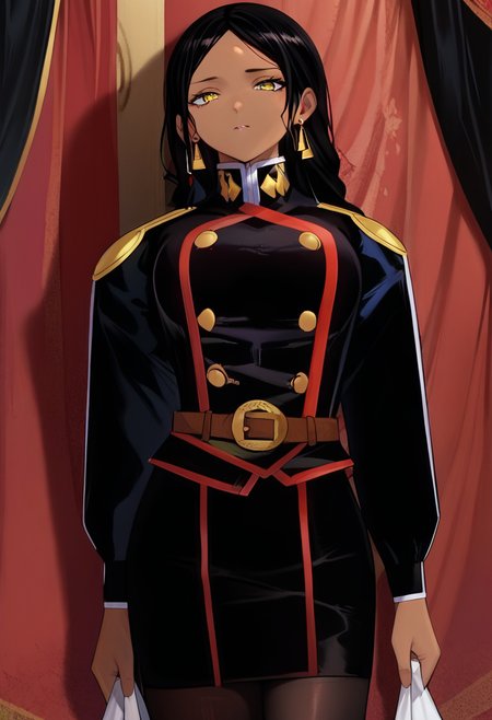 score_9, score_8_up, score_7_up, source_anime, Prachi4Sherawat, 1girl, solo, bangs,  jewelry, dark skin, dark-skinned female, yellow eyes, breasts, black hair, long hair, large breasts, parted bangs, long sleeves, black uniform, earrings, pantyhose, belt, uniform  <lora:prachi sherawat pony:1>