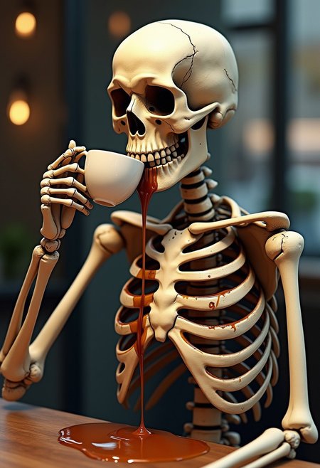 A skeleton drinking coffee at Starbucks but as he pours the coffee into his mouth and down his throat it leaks out of his body and spills everywhere, very messy, coffee dripping on his bones, chest, ribs