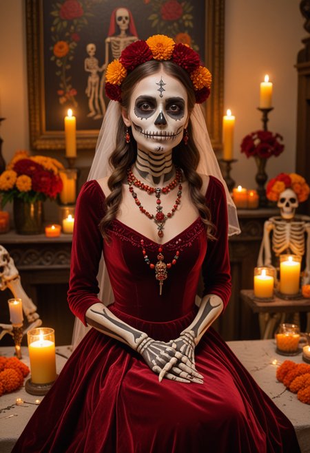 (medium full shot) of (skeleton bride) young woman, wearing a rich red velvet dress, painted skeleton face, beaded necklace, set at Dia de Muertos, in  a serene altar, featuring peaceful marigold displays, soft candlelight, family photos, treasured mementos, and heartfelt offerings, at night, woman smiling, Masterpiece,best quality, photo, realistic, very aesthetic, detailed face,