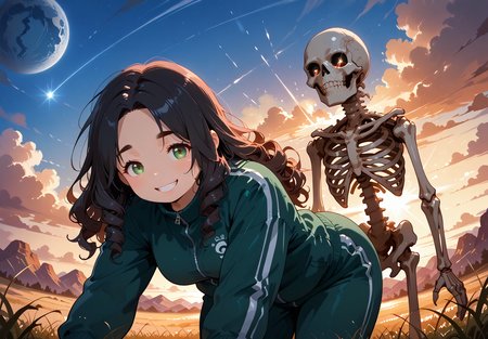 IllusP0s, PonyScores7, source_anime, ah1, IllustriousQual, interesting, exciting, spectacular, wonderful, 
BREAK <lora:xl_more_art-full_v1:0.2>, <lora:aesthetic_anime_v1s:0.2>, <lora:EpicF4nta5yXL:0.2>, <lora:detailxl:0.2>, detailxl, <lora:Fant5yP0ny:0.2>, amazing quality, best aesthetic, absurdres, illustration, Volumetric_Lighting, ultra-detailed, very aesthetic, intricate details, best_quality
BREAK ((She lies on her back, her arms stretched out above her head)),
BREAK Stable_Yogis_PDXL_Positives, AS-Adult, <lora:Complicated fantasy portrait - XL Pony V2.0:0.2>, bad-hands-5, <lora:HDA_Detailer:0.3>, <lora:natsumi_style:0.5>, <lora:by_usakun-pony:0.4>, by usakun, <lora:Akina_Bbw_Style_-_PonyXL:0.2>, AkinBw, ((scan)),
BREAK 1girl, mature female, (curvy), round-chin, caucasian, <lora:ETO_OC_Illustrius:0.5>, eto_oc, skindentation, (plump), thick thighs, wide hips, busty, voluptuous, <lora:venus body PonyXL:0.3>, <lora:shinyskin2:0.2>, glistening skin, HDA_FatGirlXL, 
BREAK ((<lora:tracksuits_pony_V1.0:0.8>, tracksuits)),
BREAK (curly hair), long hair, (black hair:1.4), (parted hair:1.7), messy hair, kinky curls, <lora:hairdetailpxl:0.2>, hairdetailpxl,
BREAK (half green and brown eyes), (colorful eyes), (multicolored eyes), (downturned eyes:1.4), <lora:expressive eyes:0.2>, expressive eyes, <lora:eyedetailpxl:0.2>, eyedetailpxl, <lora:Eyes_High_Definition:0.2>, EyesHD, (round face:1.2), (thick eyebrows:1.3), (plump face), <lora:Round_face:0.2>, lips, 
BREAK ((spine-tingling grin expression)), <lora:Expressive_H:0.2>, Expressiveh, <lora:Emotional_Anime_Expressions_PonyXL_Concept:0.2>, emotional, <lora:Best_Facial_Expression_LoRA_PONY:0.2>, looking at viewer, <lora:Detailed expressive EXEV style -XL Pony V1.0:0.2>, FaceDetail,
BREAK (((A bleak desert planet scorched by the rays of a dying star, with blackened dunes and skeletal alien remains))), <lora:Background Detailer - SDXL:0.8>, 4k, 8k, Ultra HD, Masterpiece, Best quality, Detailed background, <lora:Add_more_details_V2_XLpony:0.4> full_details,