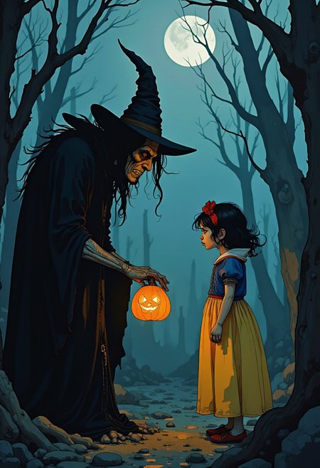 In a dimly lit, twisted forest, the wicked old witch stands hunched, her gnarled fingers gripping a small, sinister-looking pumpkin. The witch's face is a twisted mask of malice, with hollowed eyes and a crooked nose. Her dark, tattered robes blend with the shadowy surroundings, only her bony hand holding the poisoned pumpkin stands out, glowing faintly under a pale, eerie moonlight. An aged and tall Snow White,radiant, stands just a few steps away, dressed in her iconic blue and yellow dress, her delicate face showing a mix of curiosity and fear. The orange pumpkin looks unnaturally vibrant and full of a mysterious danger, contrasting sharply with Snow Whiteâs soft, fair skin. The air is thick with tension as the witch extends the pumpkin toward Snow White, a sly, knowing smile on her lips.